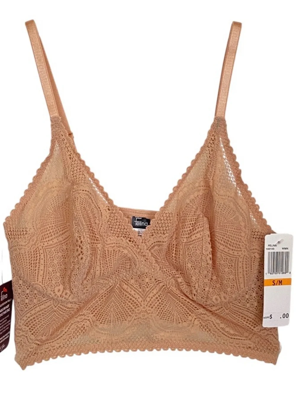 Felina Finesse Lace Cami Bralette S/M Nude Wireless Comfortable Stretch 140103